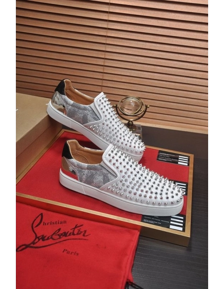 Cheap Christian Louboutin Sailor Boat Orlato Spikes Slip On Sneakers White Silver Sale Online