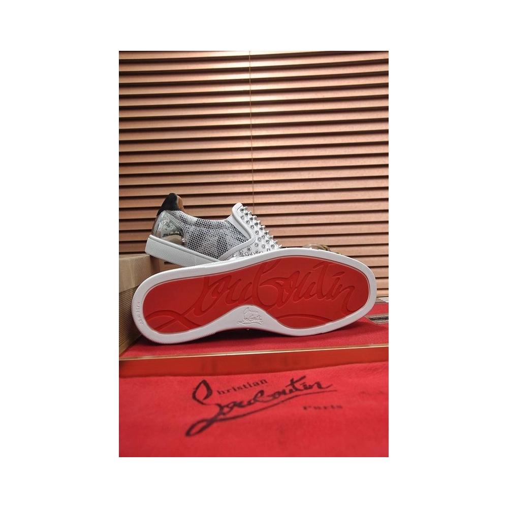 Cheap Christian Louboutin Sailor Boat Orlato Spikes Slip On Sneakers White Silver Sale Online