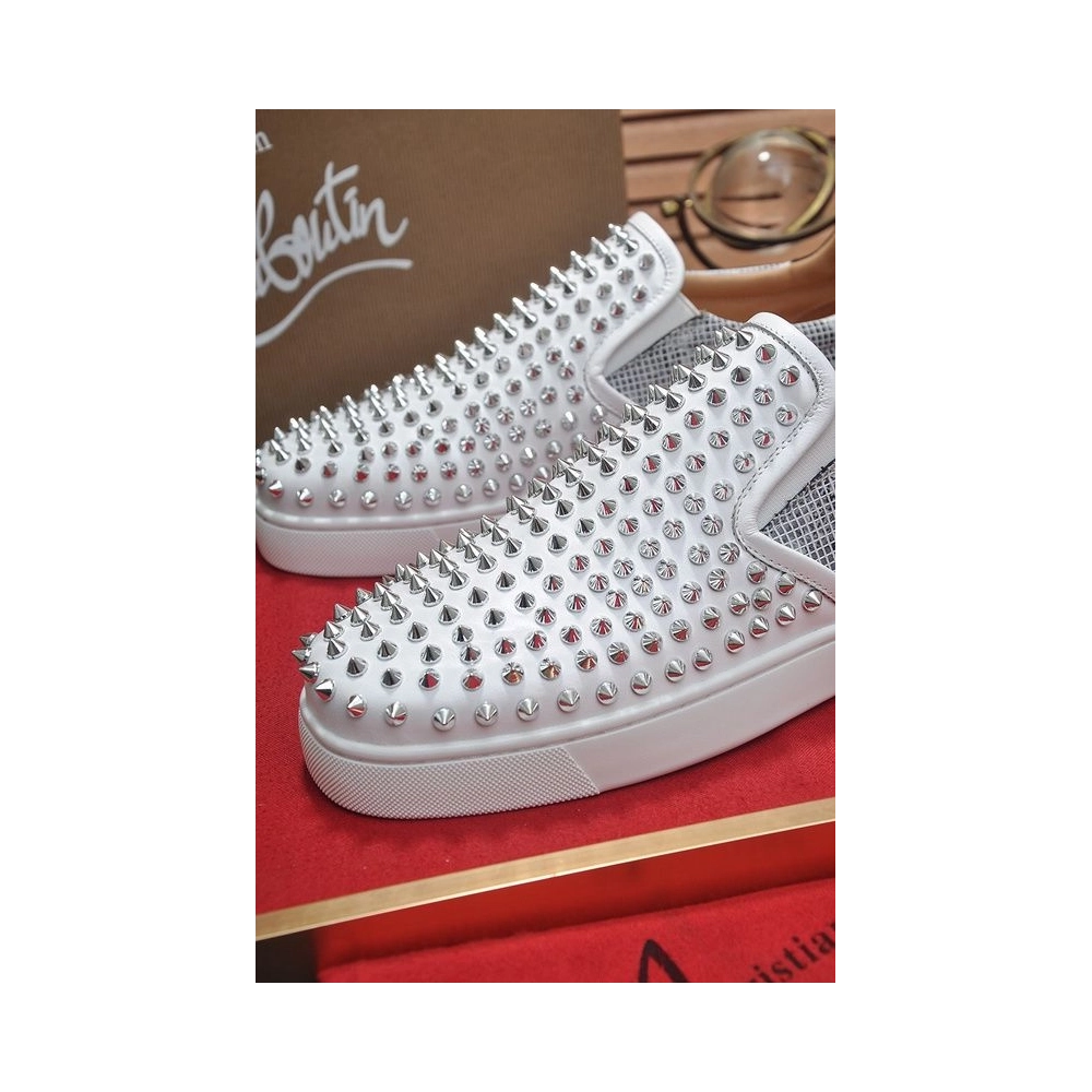 Cheap Christian Louboutin Sailor Boat Orlato Spikes Slip On Sneakers White Silver Sale Online