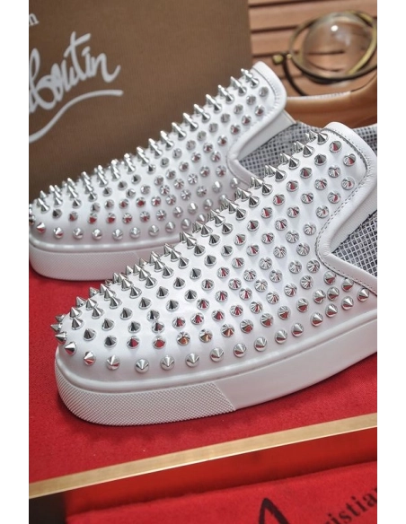 Cheap Christian Louboutin Sailor Boat Orlato Spikes Slip On Sneakers White Silver Sale Online