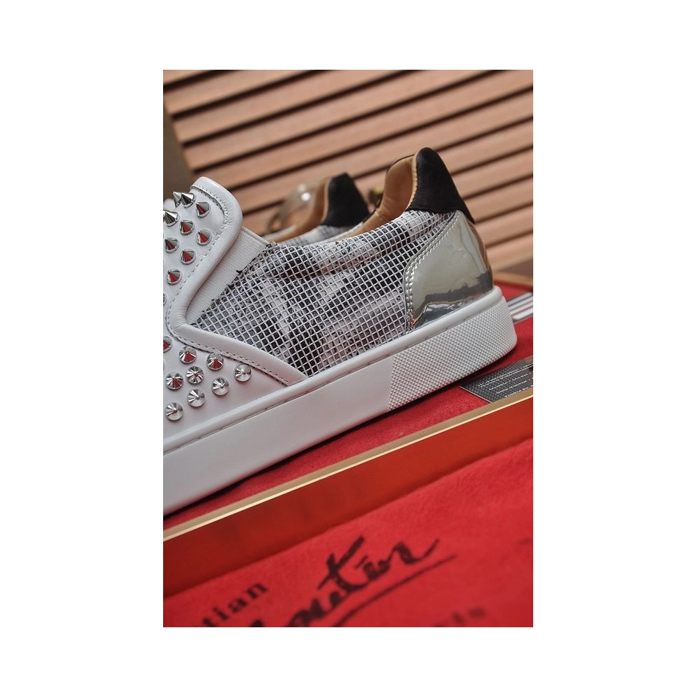 Cheap Christian Louboutin Sailor Boat Orlato Spikes Slip On Sneakers White Silver Sale Online