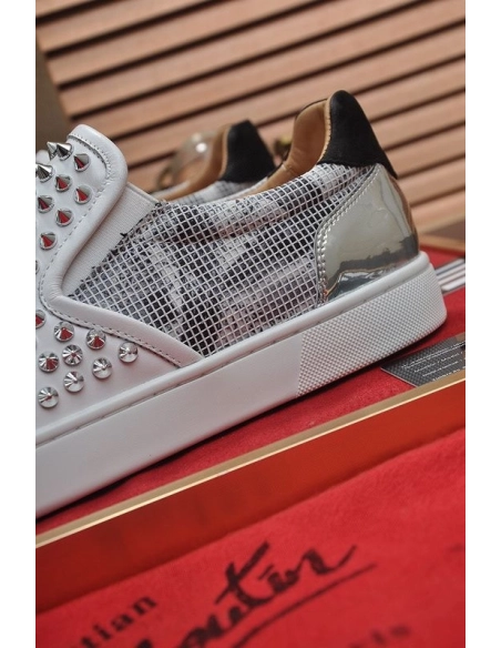 Cheap Christian Louboutin Sailor Boat Orlato Spikes Slip On Sneakers White Silver Sale Online