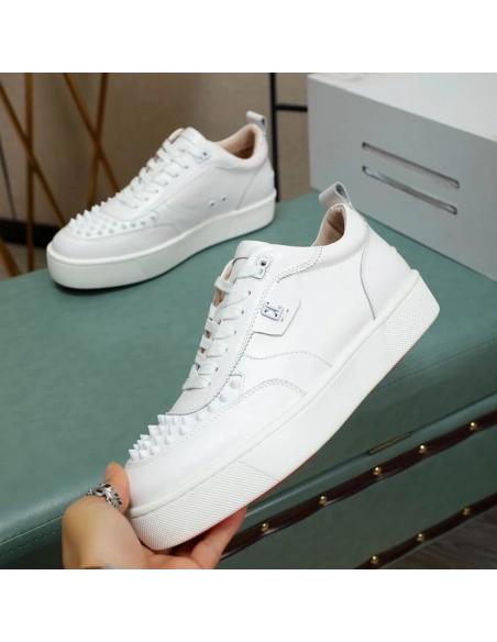 Cheap Christian Louboutin Happyrui Spikes Sneakers Calf Leather Sneakers White, Discount CL Shoes Outlet Online