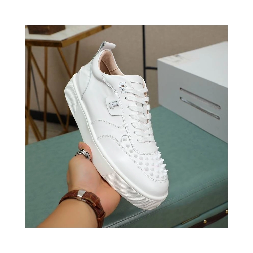 Cheap Christian Louboutin Happyrui Spikes Sneakers Calf Leather Sneakers White, Discount CL Shoes Outlet Online