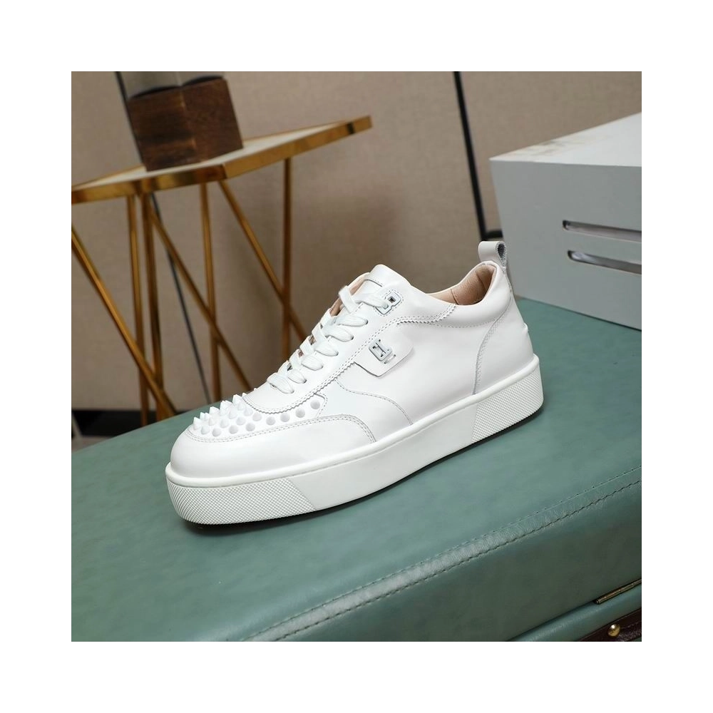 Cheap Christian Louboutin Happyrui Spikes Sneakers Calf Leather Sneakers White, Discount CL Shoes Outlet Online