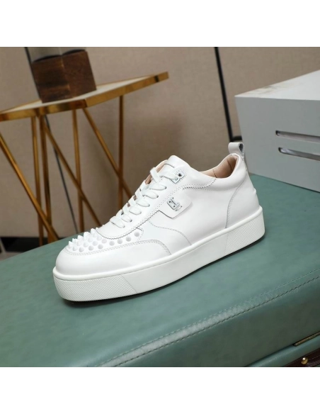 Cheap Christian Louboutin Happyrui Spikes Sneakers Calf Leather Sneakers White, Discount CL Shoes Outlet Online