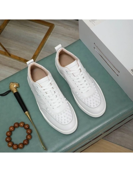 Cheap Christian Louboutin Happyrui Spikes Sneakers Calf Leather Sneakers White, Discount CL Shoes Outlet Online