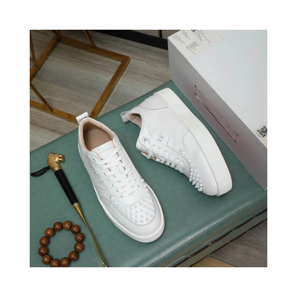 Cheap Christian Louboutin Happyrui Spikes Sneakers Calf Leather Sneakers White, Discount CL Shoes Outlet Online