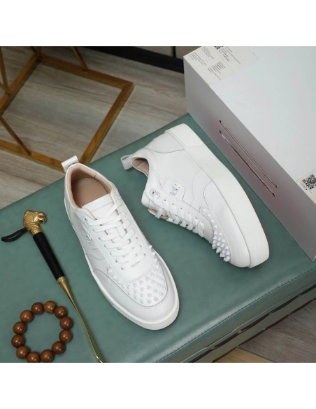 Cheap Christian Louboutin Happyrui Spikes Sneakers Calf Leather Sneakers White, Discount CL Shoes Outlet Online