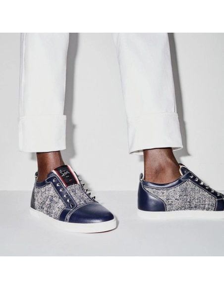 Fake Christian Louboutin F.A.V Fique A Vontade Sneakers Wool And Calf Leather Navy, Replica CL Shoes