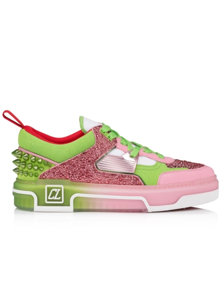 Fake Christian Louboutin Astroloubi Strass Sneakers Veau Velours Strass Pink Green