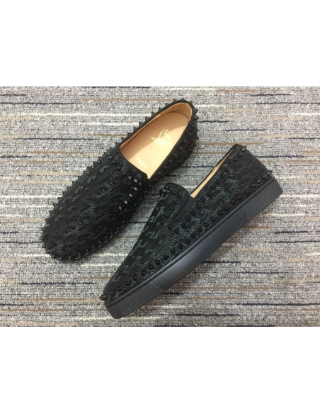 Replica Christian Louboutin Pik Boat Spikes Slip-on Loafers Black, Knockoff CL Shoes
