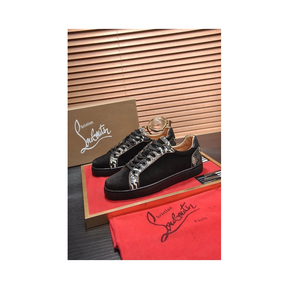 Cheap Christian Louboutin Men Sneakers Low-top Python Pattern Trim Veau Velours Black Sale Online