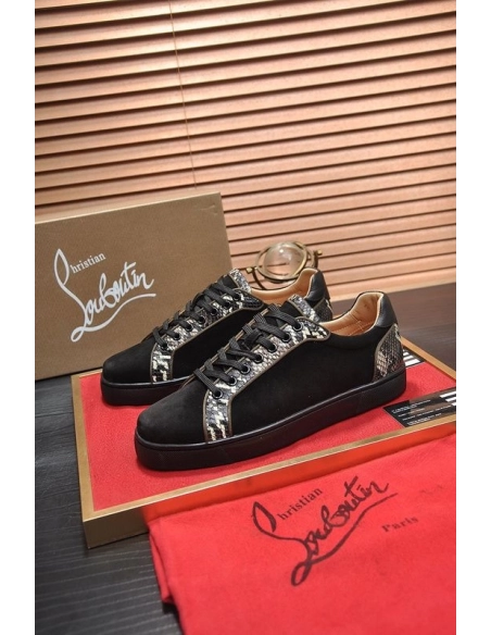 Cheap Christian Louboutin Men Sneakers Low-top Python Pattern Trim Veau Velours Black Sale Online