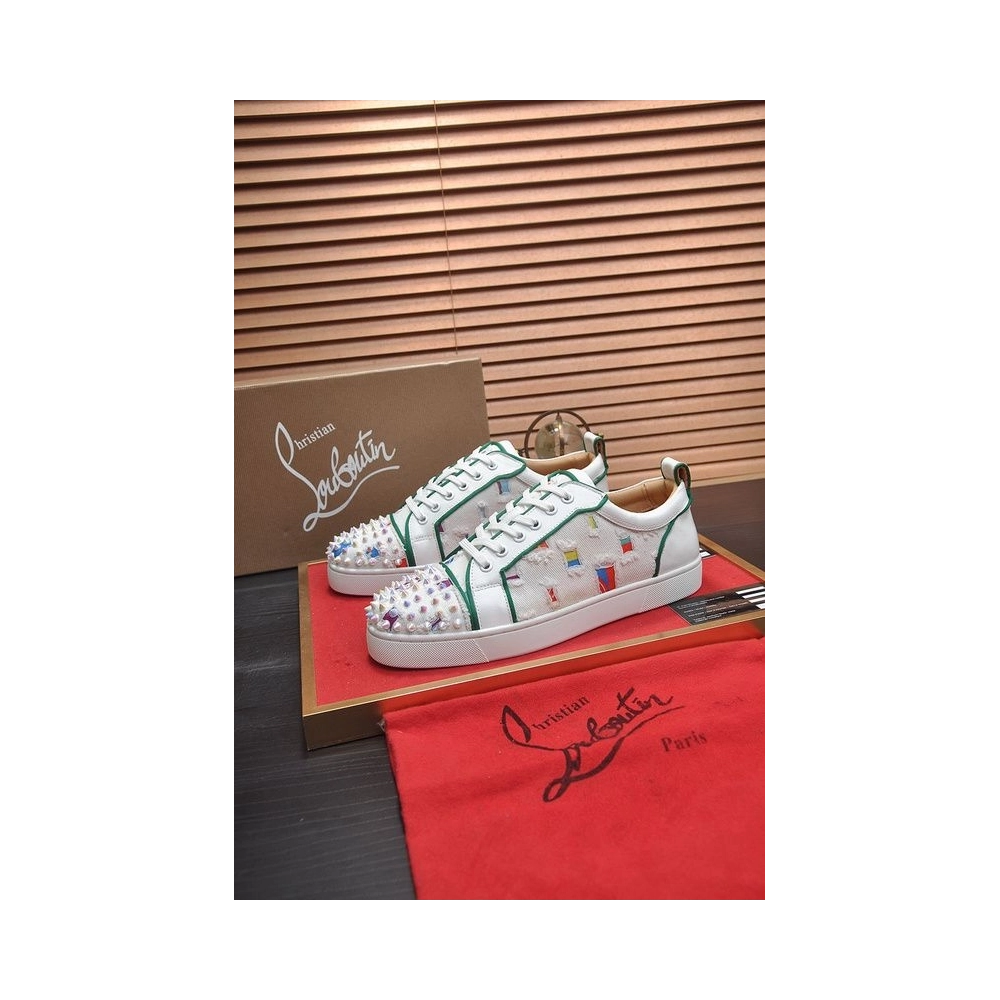 Discount Christian Louboutin Men Low-top Sneaker Fabric with Spikes White Green Outlet Sale