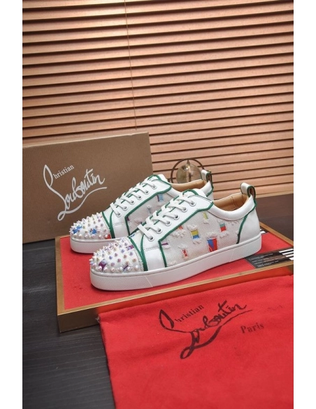 Discount Christian Louboutin Men Low-top Sneaker Fabric with Spikes White Green Outlet Sale