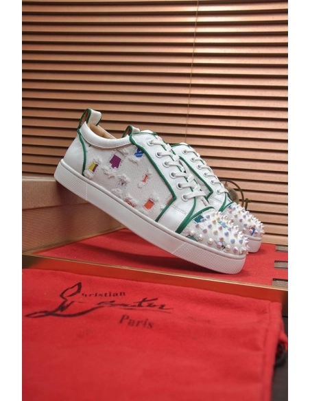Discount Christian Louboutin Men Low-top Sneaker Fabric with Spikes White Green Outlet Sale