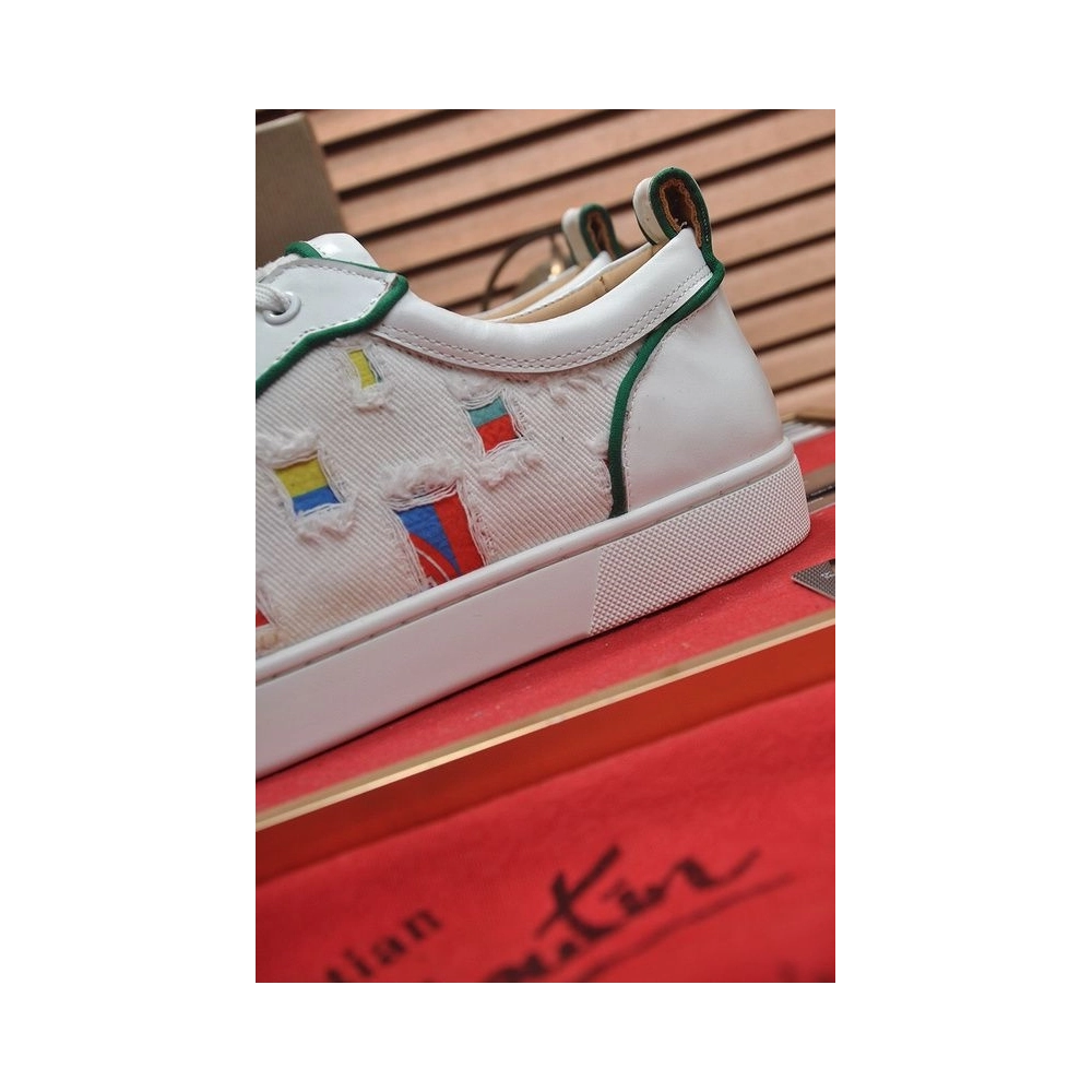 Discount Christian Louboutin Men Low-top Sneaker Fabric with Spikes White Green Outlet Sale