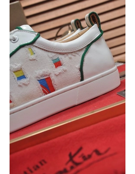 Discount Christian Louboutin Men Low-top Sneaker Fabric with Spikes White Green Outlet Sale