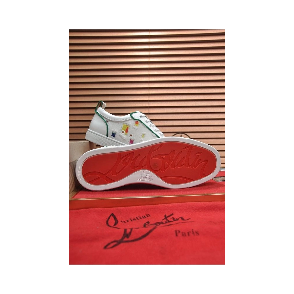 Discount Christian Louboutin Men Low-top Sneaker Fabric with Spikes White Green Outlet Sale