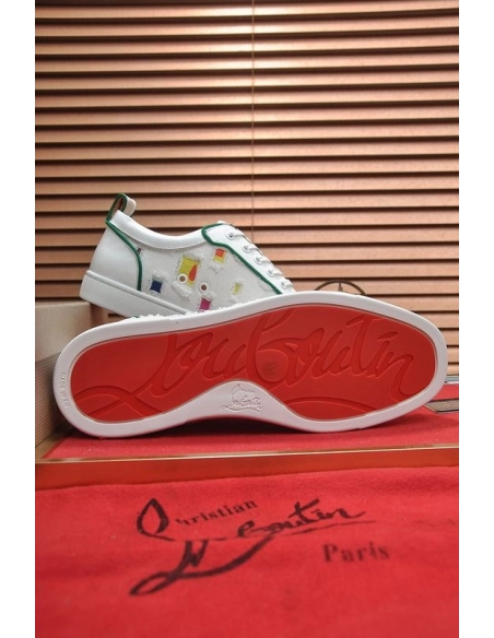 Discount Christian Louboutin Men Low-top Sneaker Fabric with Spikes White Green Outlet Sale