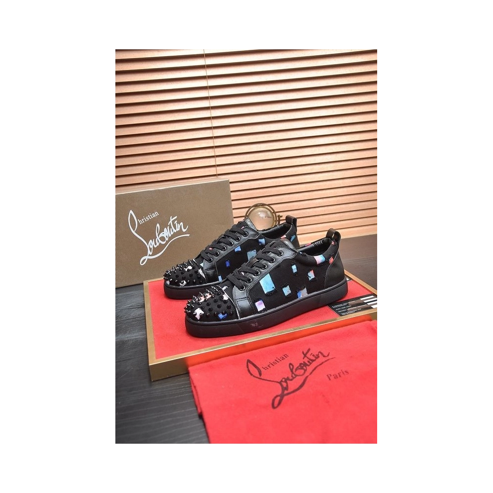 Knockoff Christian Louboutin Men Low-top Sneaker Fabric with Spikes Black, Fake CL Shoes