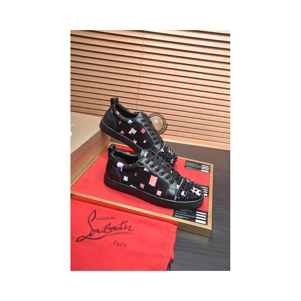 Knockoff Christian Louboutin Men Low-top Sneaker Fabric with Spikes Black, Fake CL Shoes