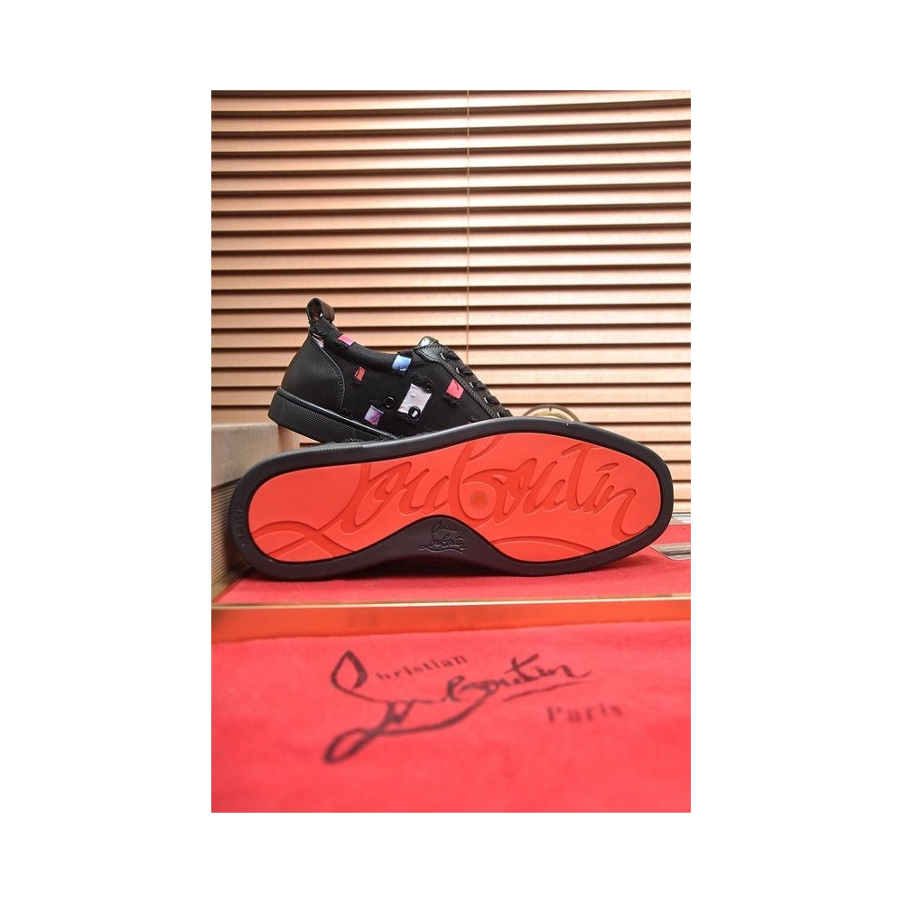 Knockoff Christian Louboutin Men Low-top Sneaker Fabric with Spikes Black, Fake CL Shoes