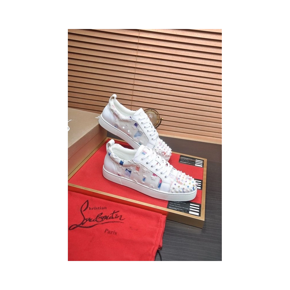 Cheap Christian Louboutin Men Low-top Sneaker Fabric with Spikes White Sale Online