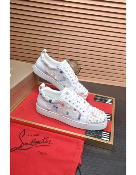 Cheap Christian Louboutin Men Low-top Sneaker Fabric with Spikes White Sale Online