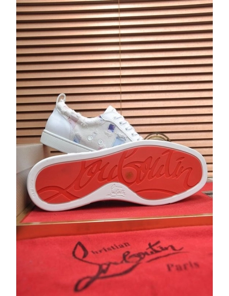 Cheap Christian Louboutin Men Low-top Sneaker Fabric with Spikes White Sale Online
