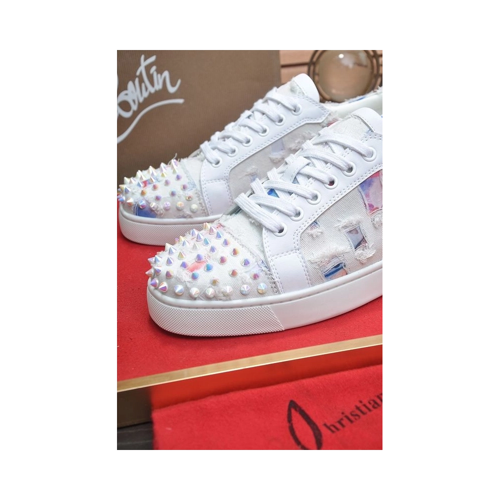 Cheap Christian Louboutin Men Low-top Sneaker Fabric with Spikes White Sale Online