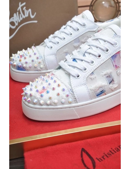 Cheap Christian Louboutin Men Low-top Sneaker Fabric with Spikes White Sale Online