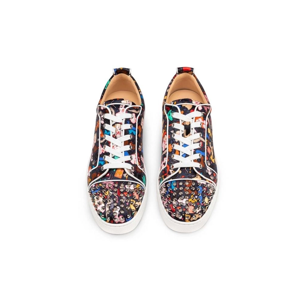 cheap Christian Louboutin Low Top Louis Junior Spikes Orlato Black Multi Crepe Satin sale