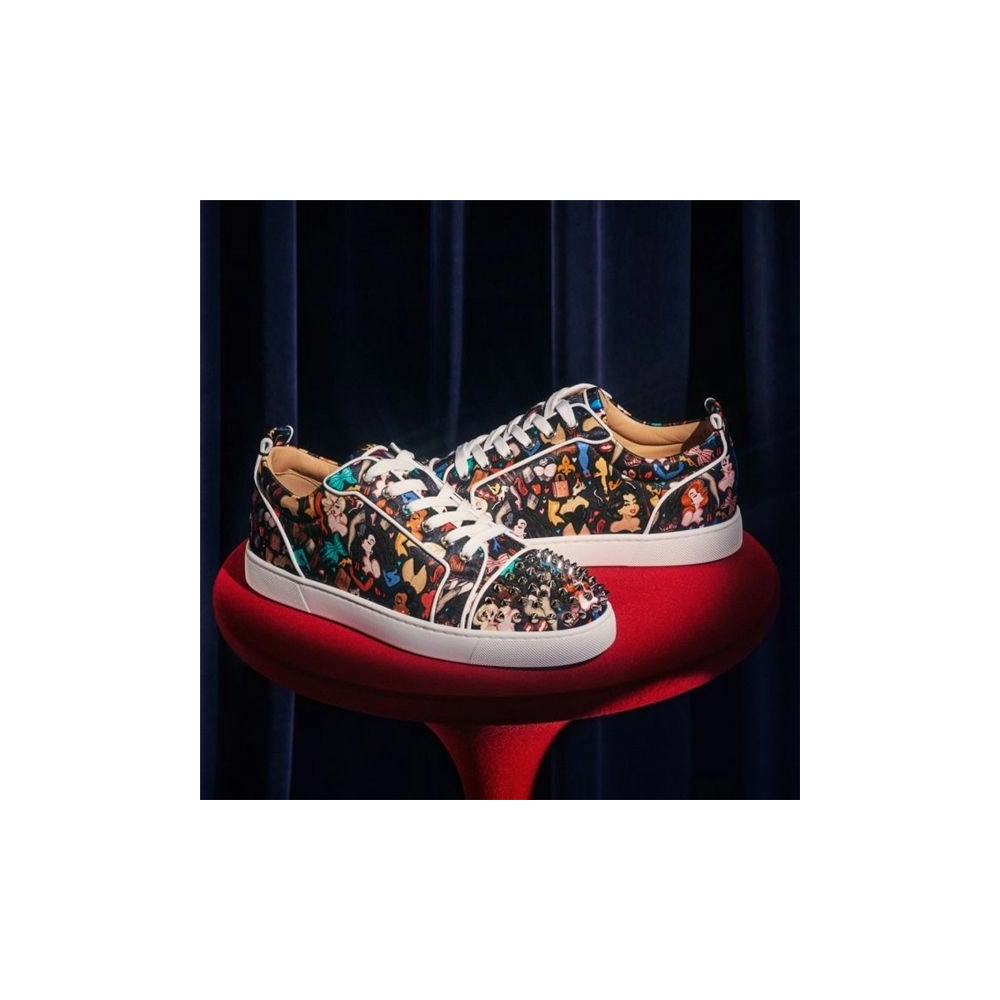 cheap Christian Louboutin Low Top Louis Junior Spikes Orlato Black Multi Crepe Satin sale