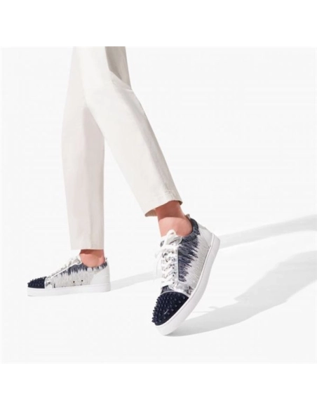 cheap Christian Louboutin Low Top Louis Junior Spikes Orlato Version Blue Ivoire Suede Leather sale