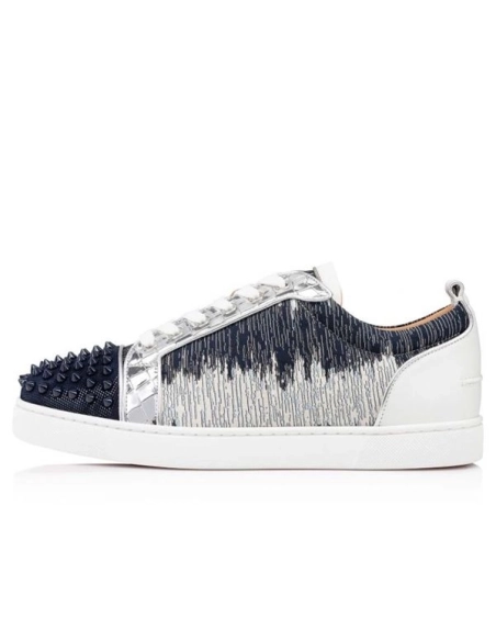 cheap Christian Louboutin Low Top Louis Junior Spikes Orlato Version Blue Ivoire Suede Leather sale