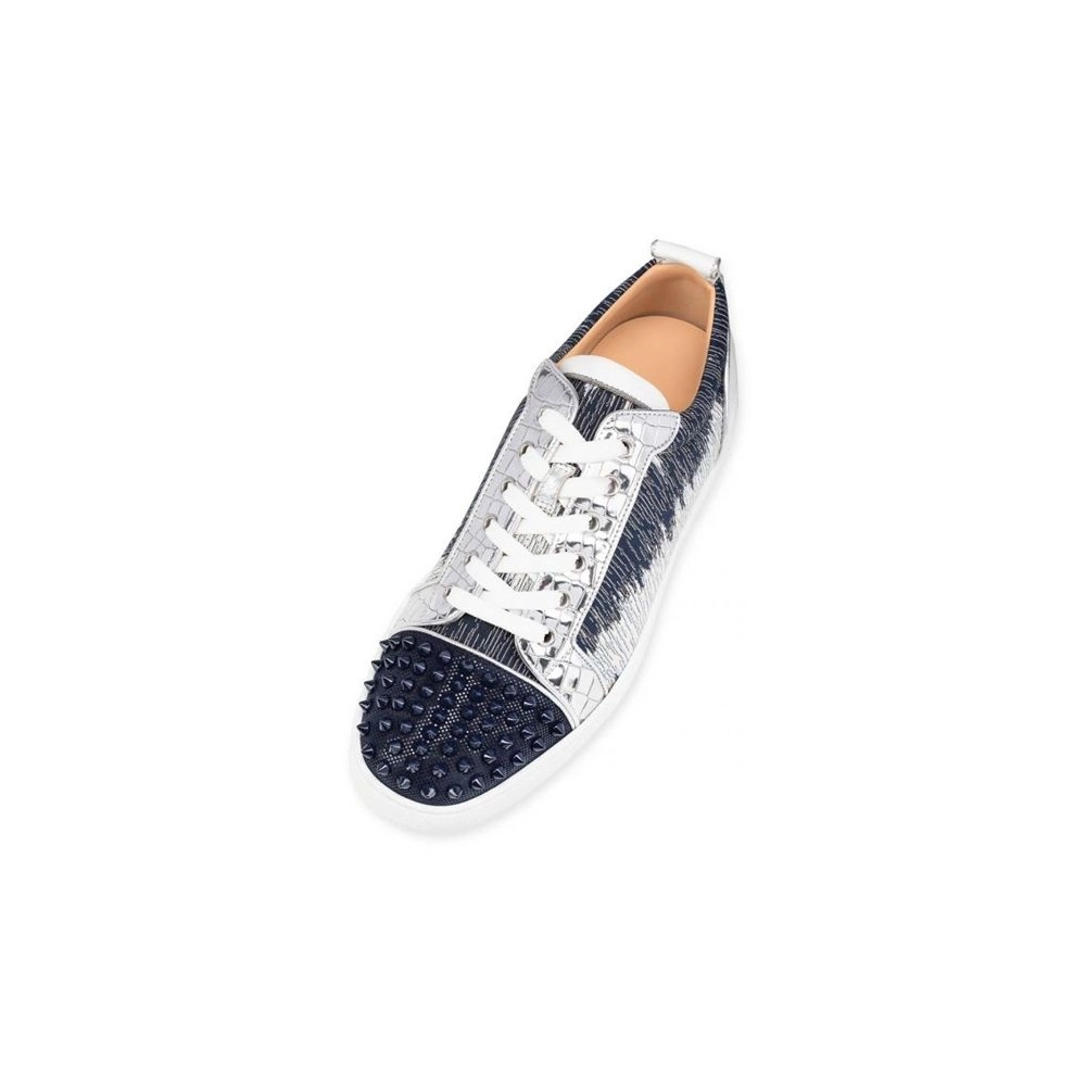 cheap Christian Louboutin Low Top Louis Junior Spikes Orlato Version Blue Ivoire Suede Leather sale