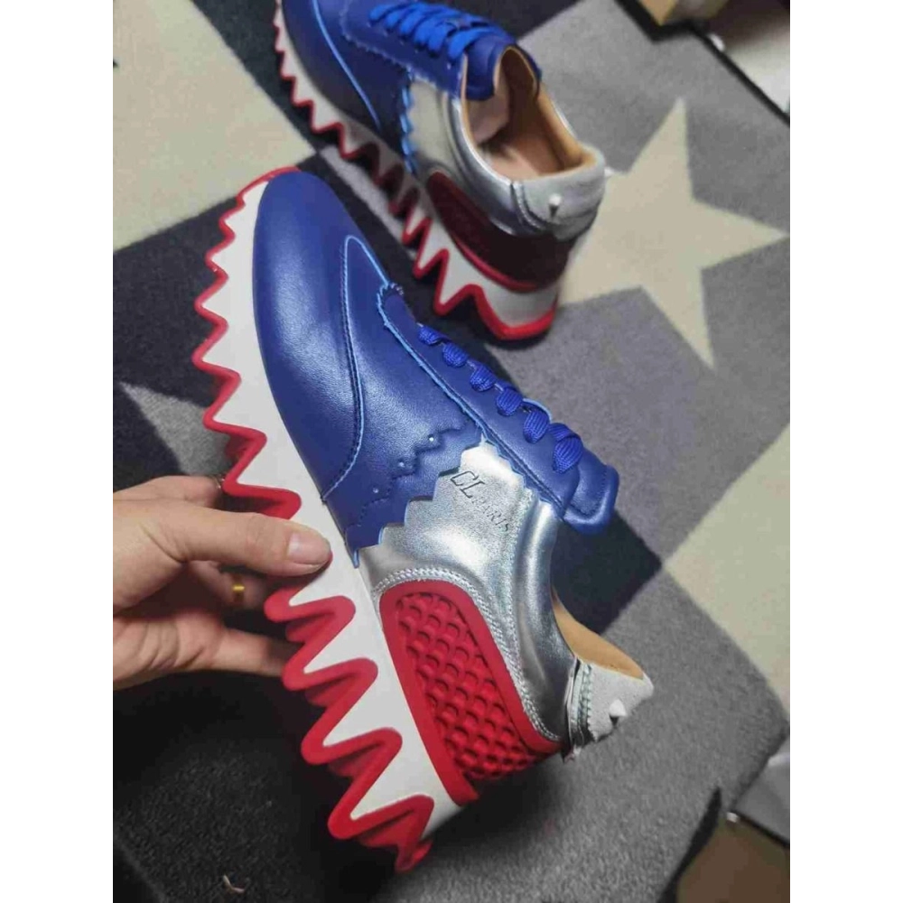 Cheap Christian Louboutin Loubishark Runners Calf Leather Blue Silver on Sale
