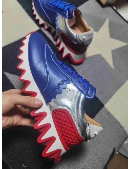 Cheap Christian Louboutin Loubishark Runners Calf Leather Blue Silver on Sale