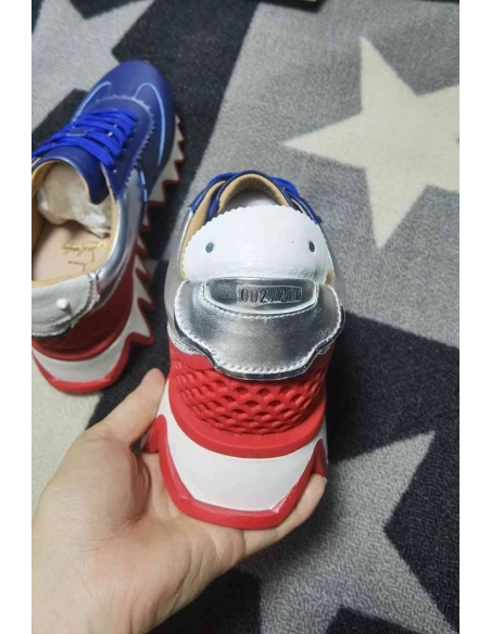 Cheap Christian Louboutin Loubishark Runners Calf Leather Blue Silver on Sale