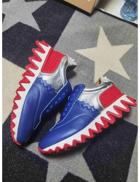 Cheap Christian Louboutin Loubishark Runners Calf Leather Blue Silver on Sale