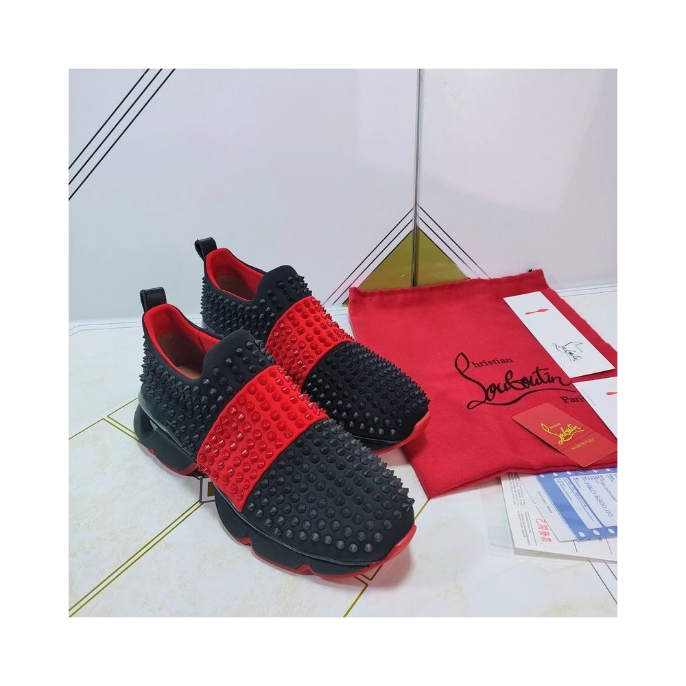 Discount Christian Louboutin Spike Sock Men Sneakers Neoprene Black Red Sale Online
