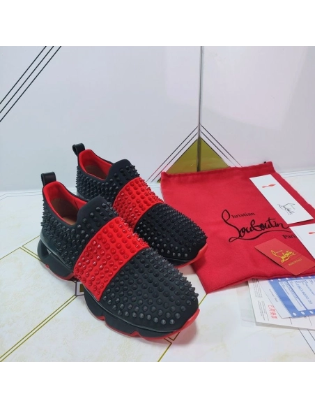 Discount Christian Louboutin Spike Sock Men Sneakers Neoprene Black Red Sale Online