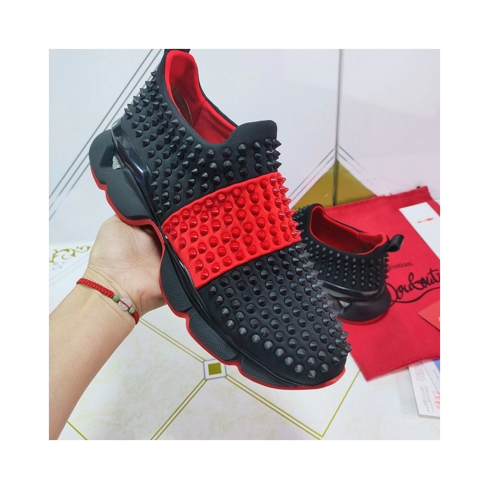 Discount Christian Louboutin Spike Sock Men Sneakers Neoprene Black Red Sale Online