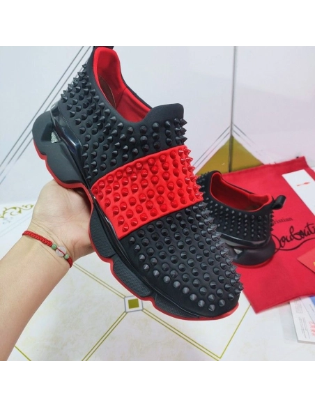 Discount Christian Louboutin Spike Sock Men Sneakers Neoprene Black Red Sale Online