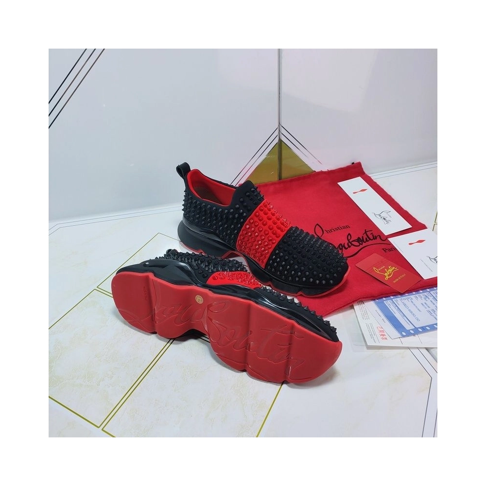 Discount Christian Louboutin Spike Sock Men Sneakers Neoprene Black Red Sale Online