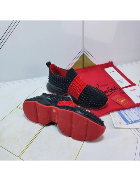 Discount Christian Louboutin Spike Sock Men Sneakers Neoprene Black Red Sale Online