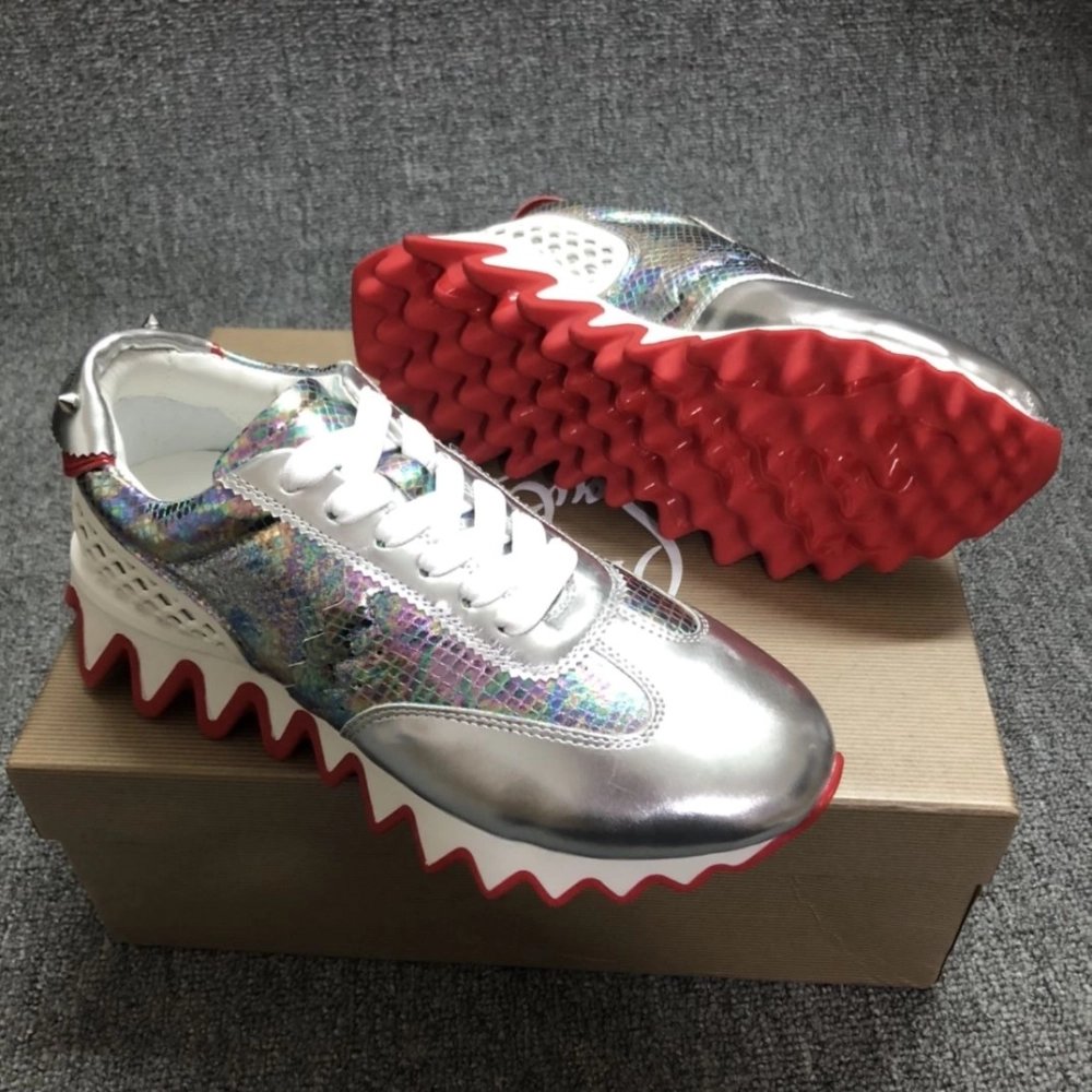 Replica Christian Louboutin Loubishark Men Sneakers Iridescent Leather Silver