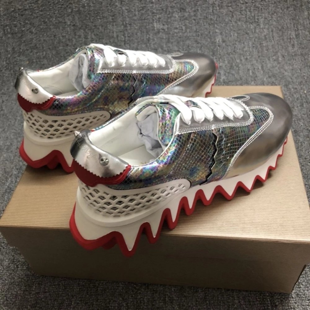 Replica Christian Louboutin Loubishark Men Sneakers Iridescent Leather Silver
